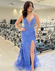 Blue Sheath Spaghetti Tulle Applique Slit Prom Dress