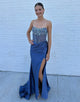 Grey Blue Sheath Strapless Crystal Slit Prom Dress