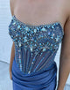 Grey Blue Sheath Strapless Crystal Slit Prom Dress