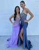 Grey Blue Sheath Strapless Crystal Slit Prom Dress