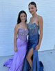 Grey Blue Sheath Strapless Crystal Slit Prom Dress