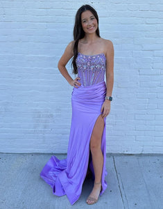 Grey Blue Sheath Strapless Crystal Slit Prom Dress