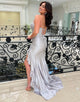 Silver Sheath Strapless Ruched Slit Sweep Train Prom Dress