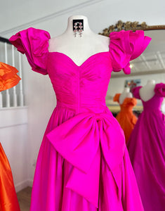 Fuchsia A-Line Cap Sleeve Sweetheart Neck Bow Prom Dress