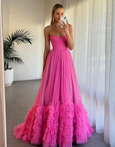 Fuchsia A-Line Strapless Cascading Ruffles Prom Dress