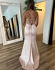 Champagne Sheath Spaghetti Applique Slit Prom Dress