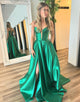 Green A-Line V-Neck Spaghetti Prom Dress with Slit