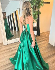 Green A-Line V-Neck Spaghetti Prom Dress with Slit