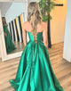 Green A-Line V-Neck Spaghetti Prom Dress with Slit