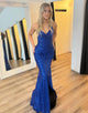 Royal Blue Spaghetti Sequin Long Prom Dress with Slit