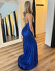 Royal Blue Spaghetti Sequin Long Prom Dress with Slit