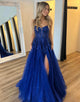 Royal Blue A-Line Spaghetti Applique Slit Prom Dress