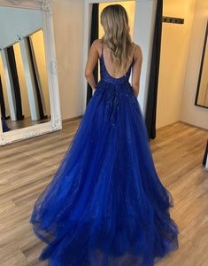 Royal Blue A-Line Spaghetti Applique Slit Prom Dress