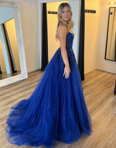 Royal Blue A-Line Spaghetti Applique Slit Prom Dress