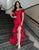 Red Sheath Off The Shoulder Cascading Slit Prom Dress