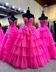 Fuchsia A-Line Sweetheart Tiered Long Prom Dress