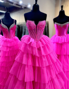 Fuchsia A-Line Sweetheart Tiered Long Prom Dress