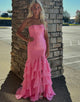 Sky Blue Strapless Mermaid Cascading Ruffles Prom Dress