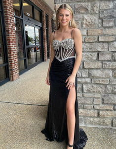 Black Spaghetti Crystal Sweetheart Neck Slit Prom Dress