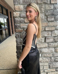 Black Spaghetti Crystal Sweetheart Neck Slit Prom Dress