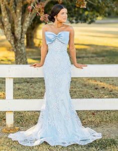 Mermaid Strapless Bow Lace Applique Prom Dress with Sweep Train