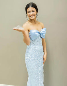 Mermaid Strapless Bow Lace Applique Prom Dress with Sweep Train