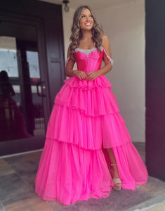 A-Line Strapless Cascading Ruffles Prom Dress with Slit