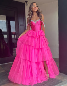 A-Line Strapless Cascading Ruffles Prom Dress with Slit