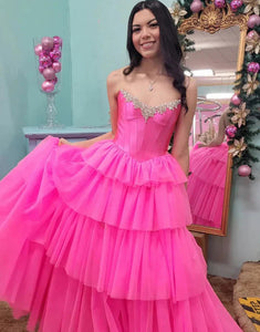 A-Line Strapless Cascading Ruffles Prom Dress with Slit