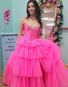 A-Line Strapless Cascading Ruffles Prom Dress with Slit