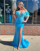 Blue Mermaid Spaghetti Tassel Applique Prom Dress