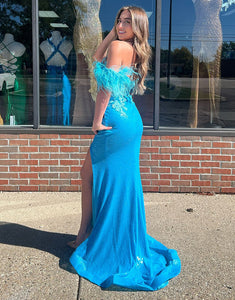 Blue Mermaid Spaghetti Tassel Applique Prom Dress