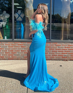 Blue Mermaid Spaghetti Tassel Applique Prom Dress