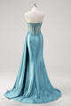 Grey Blue Mermaid Strapless Sequin Applique Slit Prom Dress