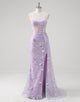 Light Purple Mermaid Strapless Sequin Tulle Slit Prom Dress