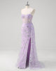 Light Purple Mermaid Strapless Sequin Tulle Slit Prom Dress