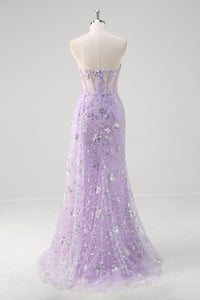 Light Purple Mermaid Strapless Sequin Tulle Slit Prom Dress