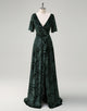 Dark Green A-Line Applique V-neck Half Sleeve Prom Dress