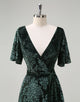 Dark Green A-Line Applique V-neck Half Sleeve Prom Dress