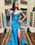 Blue Off the Shoulder Mermaid Applique Long Prom Dress with Slit