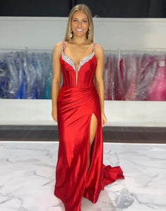 Mermaid Spaghetti Crystal V-neck Prom Dress with Slit