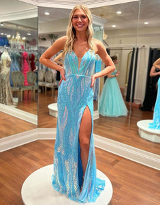 Stunning Blue Sheath Spaghetti Lace-up Prom Dress with Side Slit