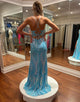 Stunning Blue Sheath Spaghetti Lace-up Prom Dress with Side Slit