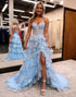 Sparkly Blue A-Line Sweetheart Sequins Tulle Prom Dress with Slit