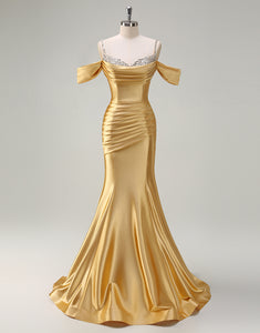 Golden Mermaid Strapless Sequin Ruched Prom Dress