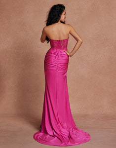 Fuchsia Sweetheart Mermaid Applique Long Prom Dress with Slit