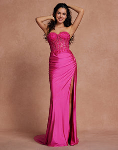 Fuchsia Sweetheart Mermaid Applique Long Prom Dress with Slit