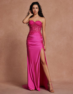 Fuchsia Sweetheart Mermaid Applique Long Prom Dress with Slit