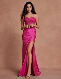 Fuchsia Sweetheart Mermaid Applique Long Prom Dress with Slit