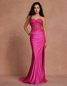 Fuchsia Sweetheart Mermaid Applique Long Prom Dress with Slit